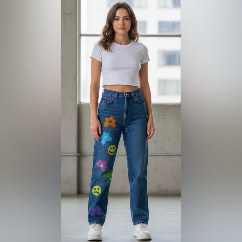 Vintage Lee Jeans Painted Flowers High Waist Jeans Union Made In USA Size 25